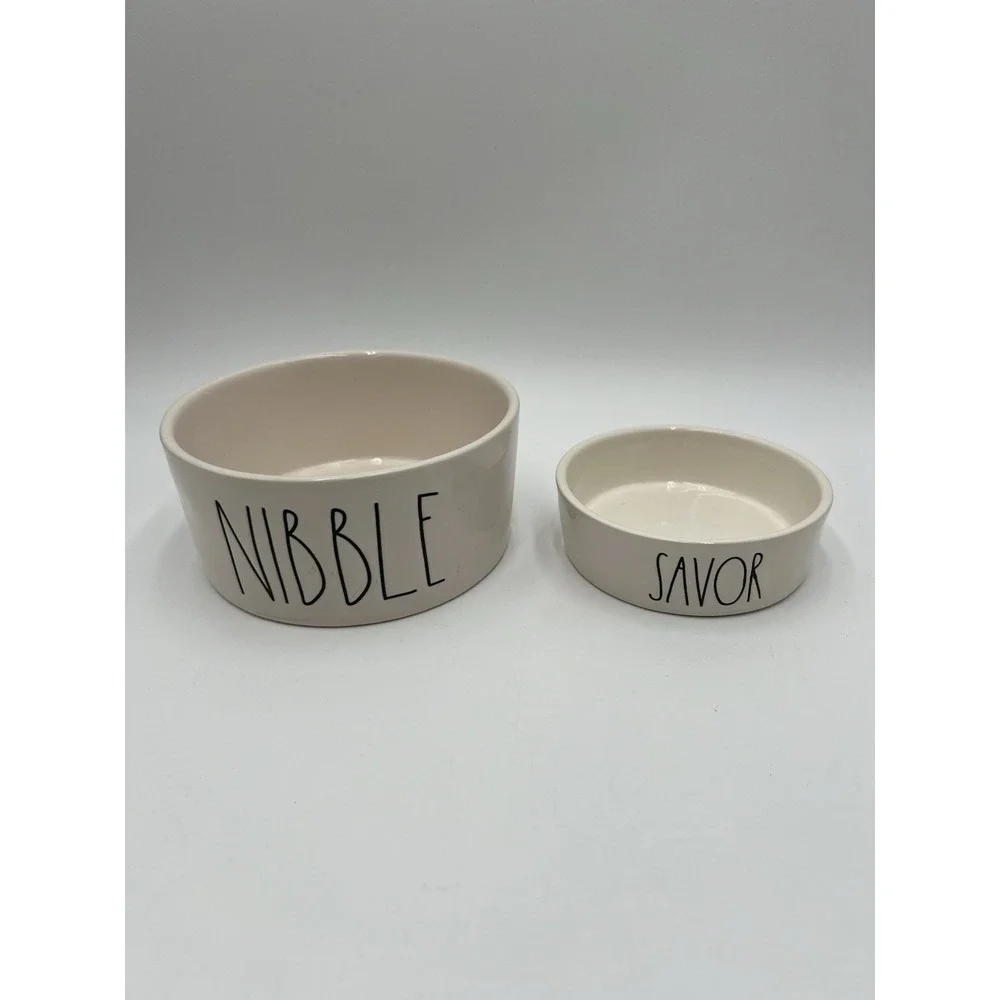 Rae Dunn NIBBLE & SAVOR Ceramic Pet Bowl Set Dog Cat Food Water Bowls